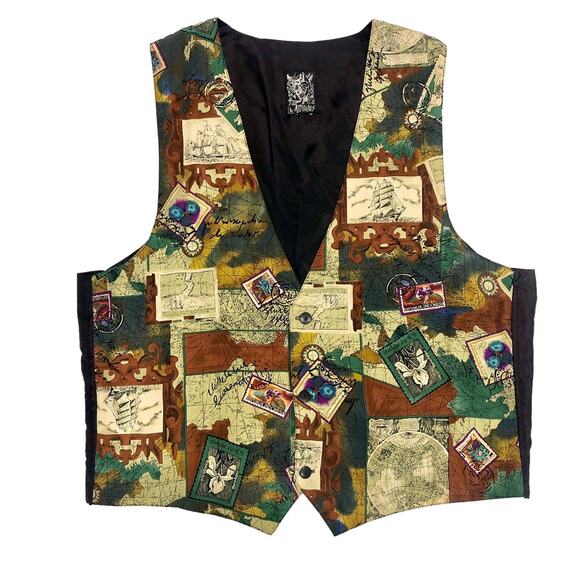 Attitudes Patchwork World Traveler Vest Brown Multi-Color Size XL - Picture 1 of 5